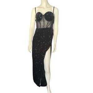 Beautiful Sequin Mesh Panel Split Thigh Maxi, Cami Dress Black XL NWOT
